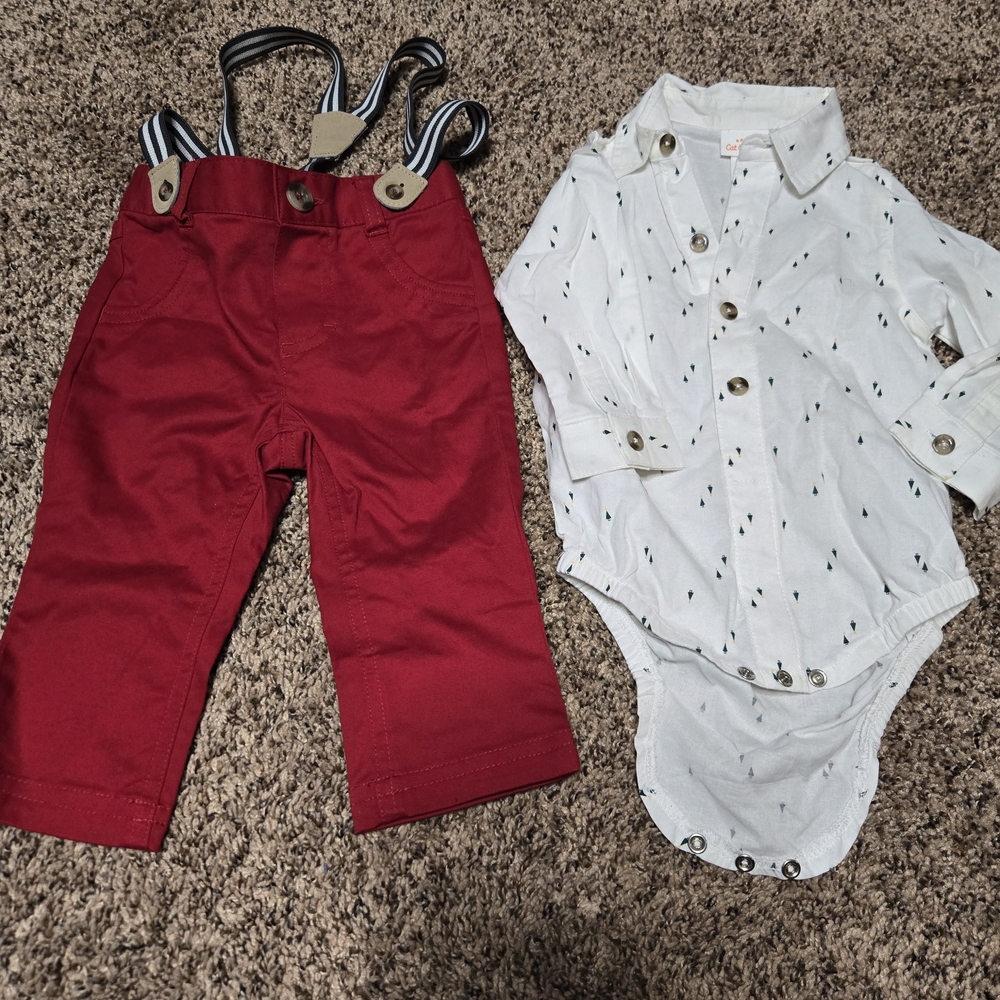 *Size 6-9M*Baby Cat & Jack*White ButtonUp Collared Onesie*Red Pants & Suspenders